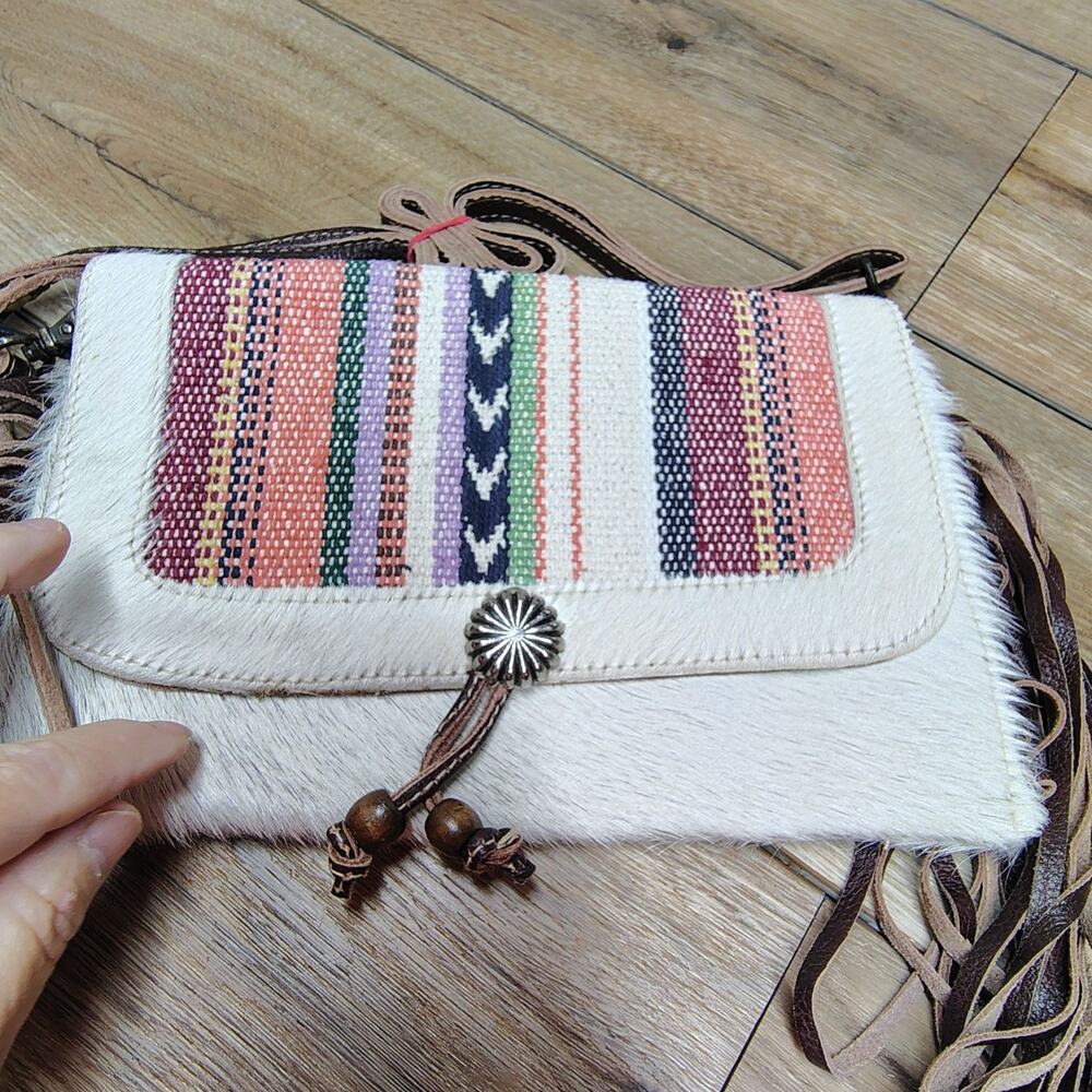 Myra Bag Delicate Hues Leather Hairon Crossbody Fringe Purse Boho Southwest - Picture 14 of 16